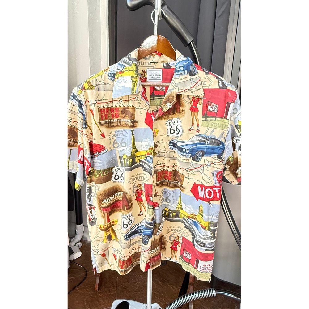 David‎ Carey Originals Route 66 Camp Shirt Mens M Retro Cars Pinup Map Button Up